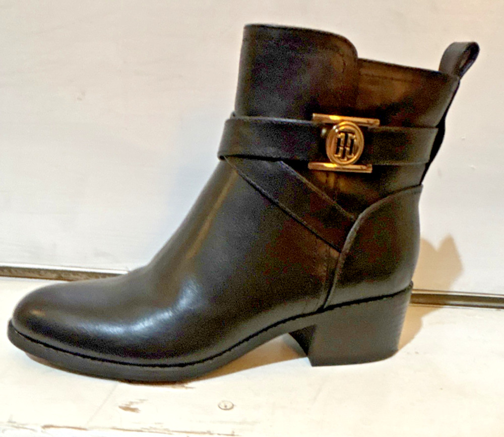 Tommy Hilfiger Boots Women's Black Ankle Bootie Zip Logo Buckle 7.5